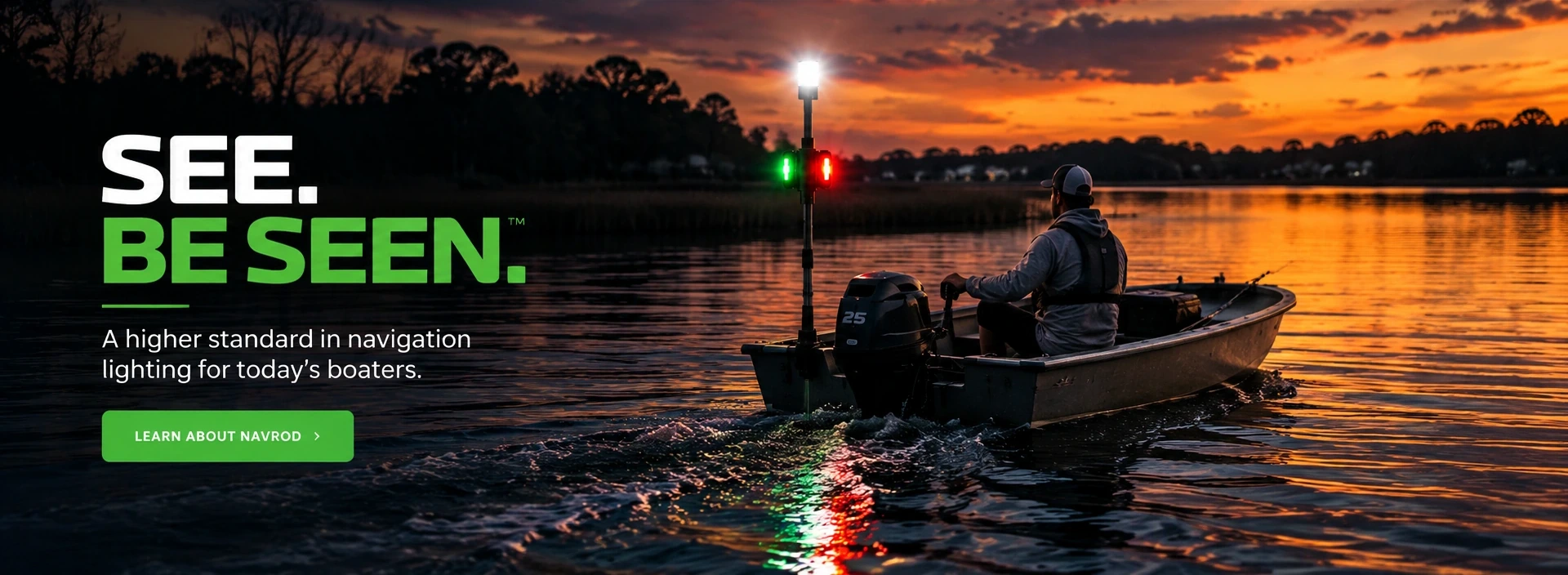 NavRod illuminated on a small fishing boat at sunset — See. Be Seen.